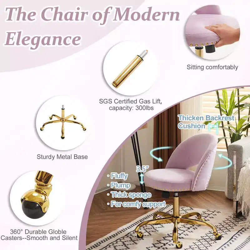 Multi-Color Velvet Armless Swivel Desk Chair with Wheels, Single Seat