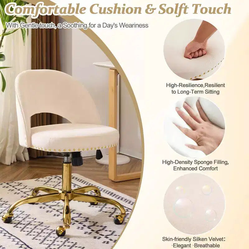 Multi-Color Velvet Armless Swivel Desk Chair with Wheels, Single Seat