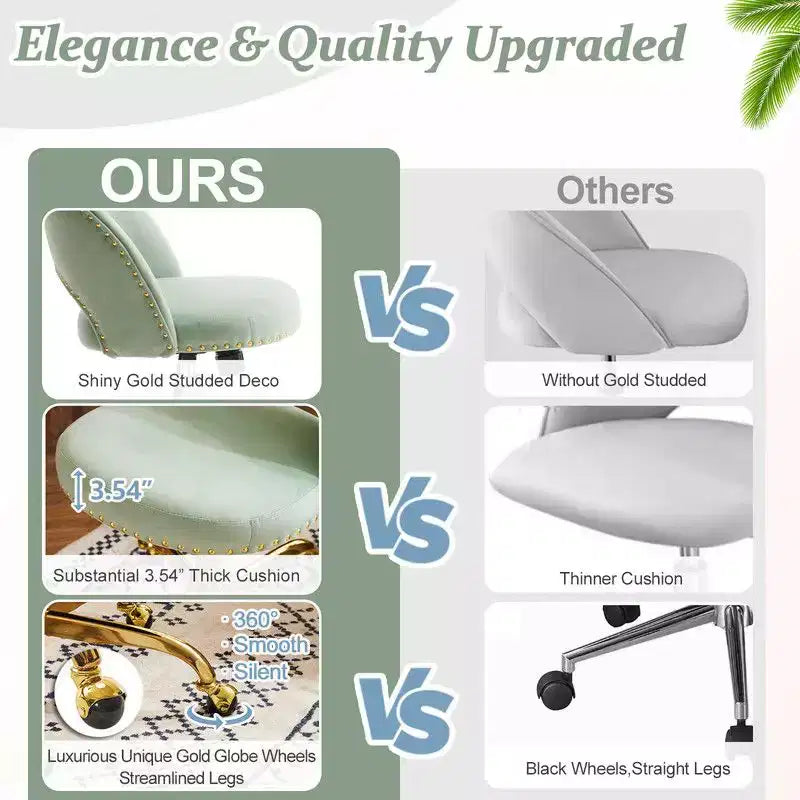 Multi-Color Velvet Armless Swivel Desk Chair with Wheels, Single Seat