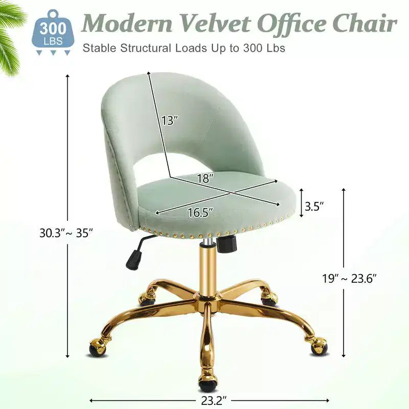 Multi-Color Velvet Armless Swivel Desk Chair with Wheels, Single Seat
