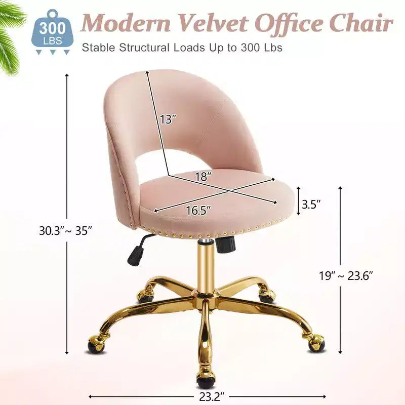 Multi-Color Velvet Armless Swivel Desk Chair with Wheels, Single Seat