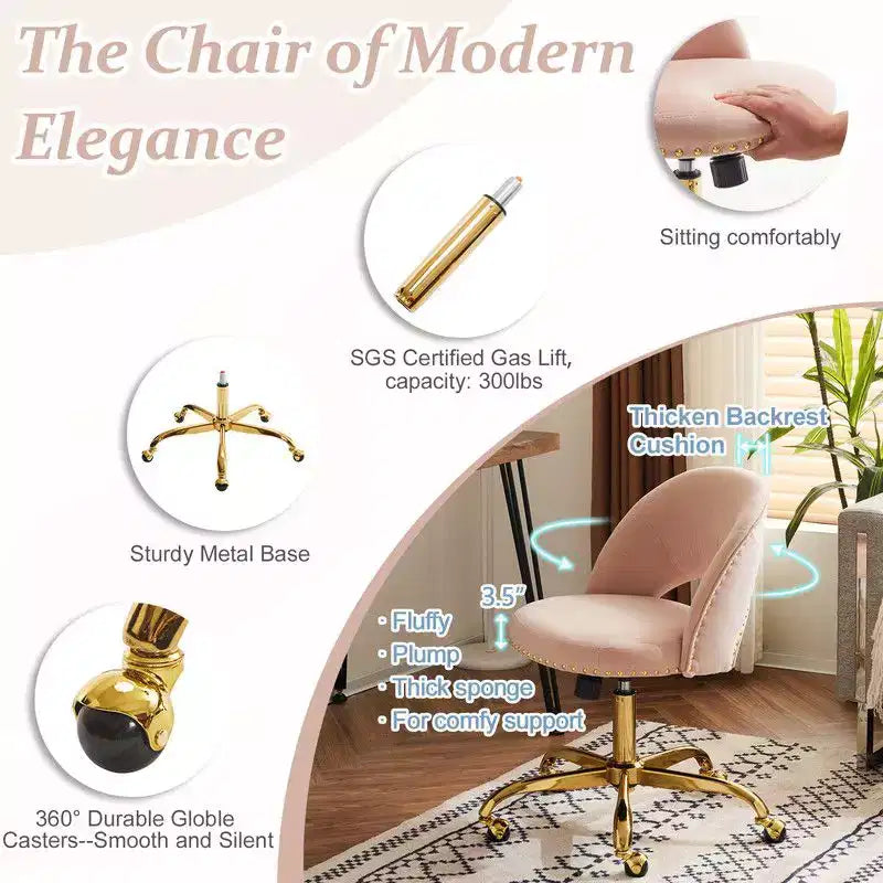 Multi-Color Velvet Armless Swivel Desk Chair with Wheels, Single Seat