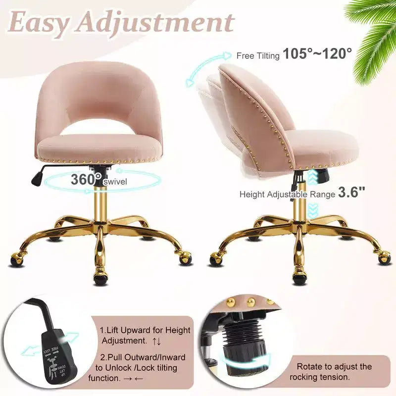 Multi-Color Velvet Armless Swivel Desk Chair with Wheels, Single Seat