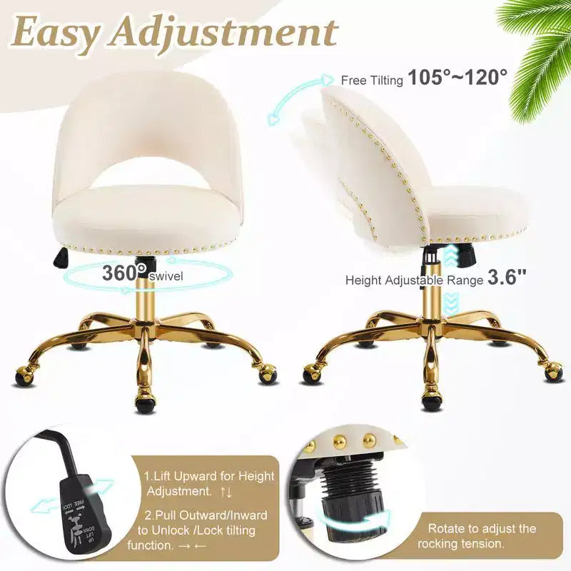 Multi-Color Velvet Armless Swivel Desk Chair with Wheels, Single Seat