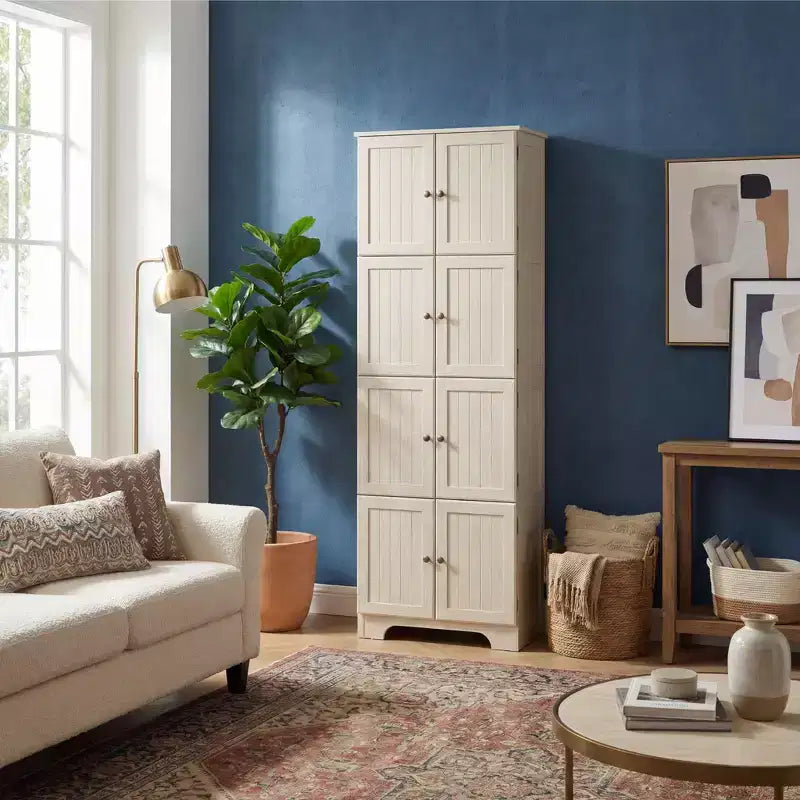 White Freestanding Tall Storage Cabinet with 8 Doors & 4 Shelves, 1-Person Assembly