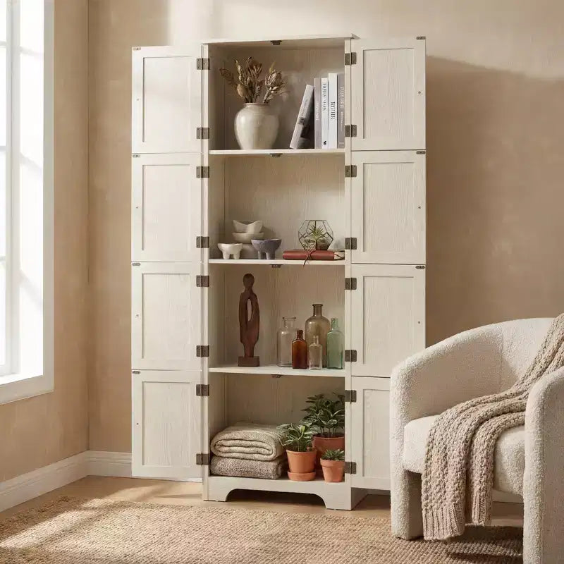White Freestanding Tall Storage Cabinet with 8 Doors & 4 Shelves, 1-Person Assembly
