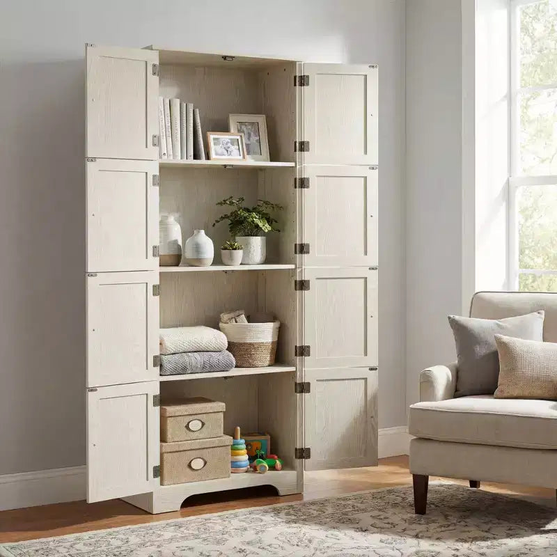 White Freestanding Tall Storage Cabinet with 8 Doors & 4 Shelves, 1-Person Assembly