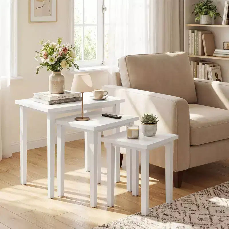 White Farmhouse Rectangle Nesting Side Table Set, 3-Piece