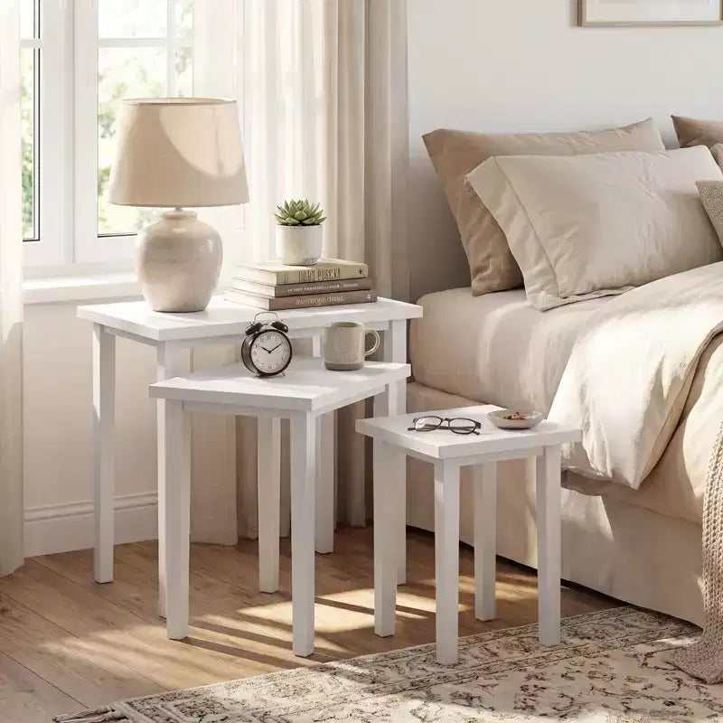 White Farmhouse Rectangle Nesting Side Table Set, 3-Piece