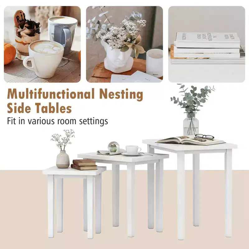 White Farmhouse Rectangle Nesting Side Table Set, 3-Piece