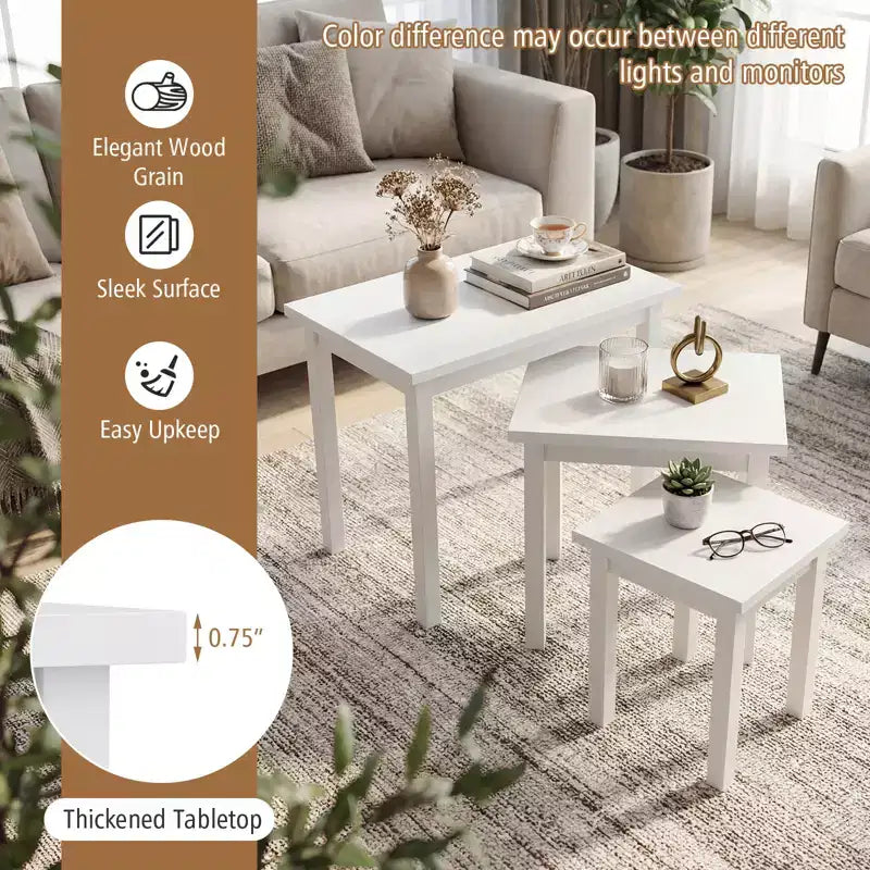 White Farmhouse Rectangle Nesting Side Table Set, 3-Piece