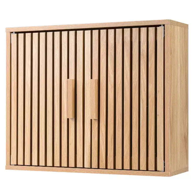 Natural Wall-Mounted Bathroom Cabinet with Slatted Doors & Adjustable Shelf, 1-Person