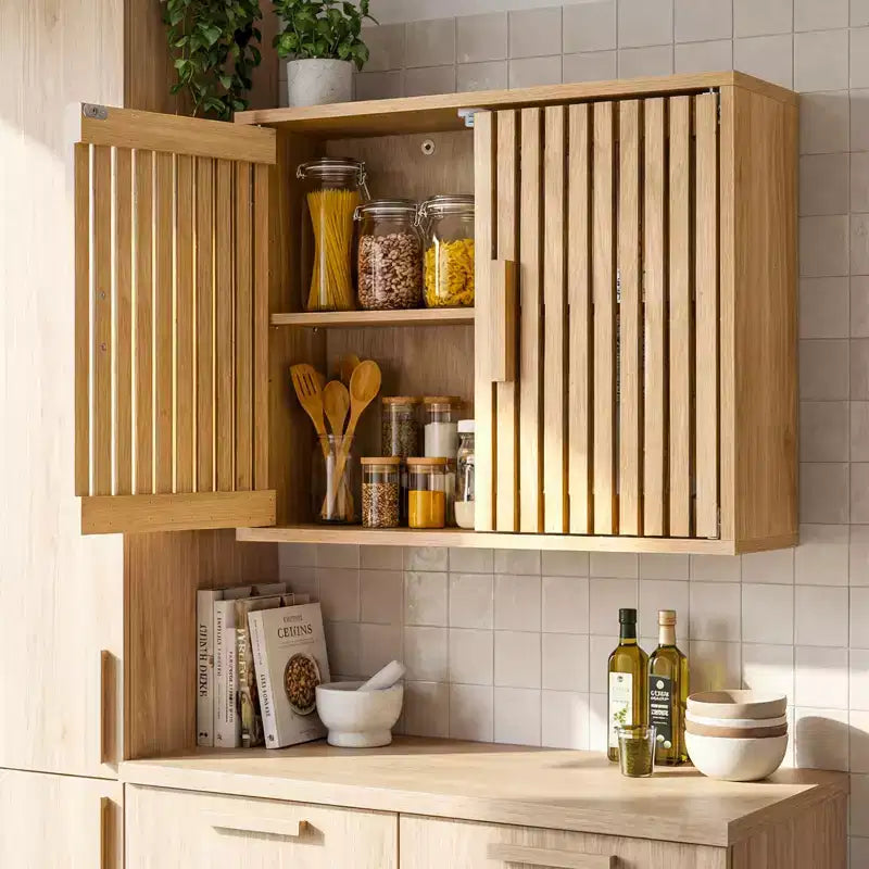 Natural Wall-Mounted Bathroom Cabinet with Slatted Doors & Adjustable Shelf, 1-Person
