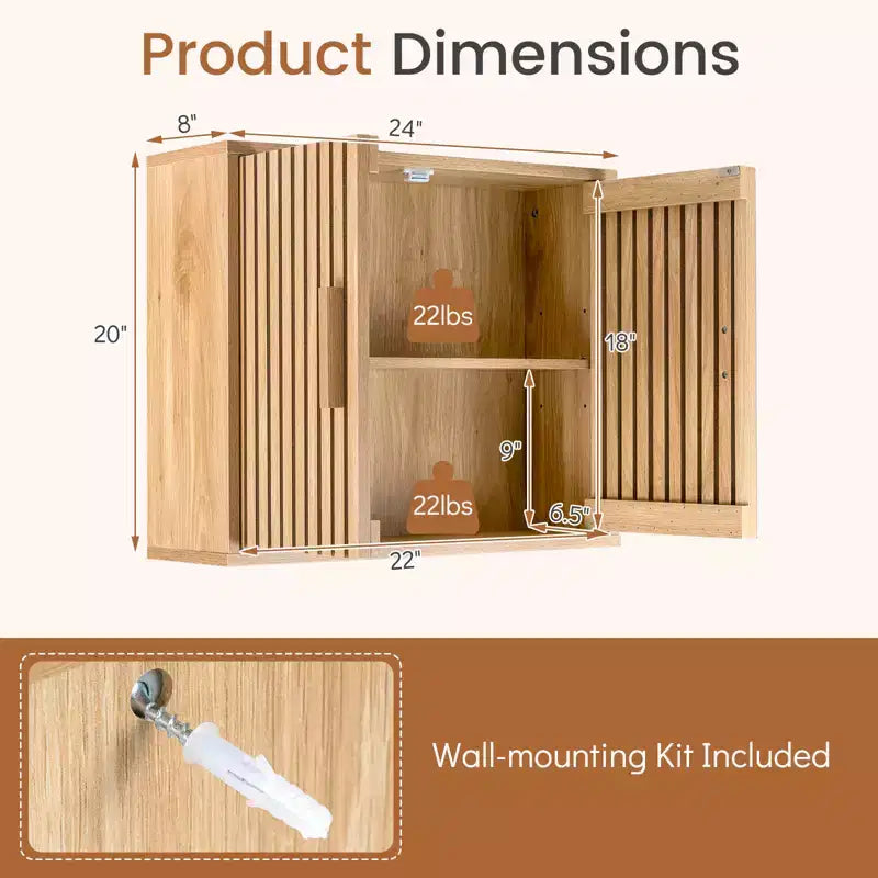 Natural Wall-Mounted Bathroom Cabinet with Slatted Doors & Adjustable Shelf, 1-Person