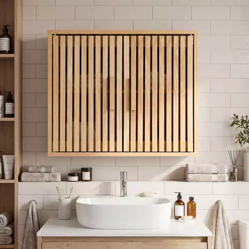 Natural Wall-Mounted Bathroom Cabinet with Slatted Doors & Adjustable Shelf, 1-Person