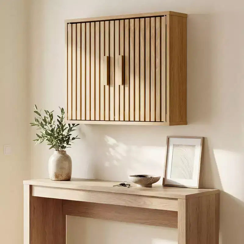 Natural Wall-Mounted Bathroom Cabinet with Slatted Doors & Adjustable Shelf, 1-Person