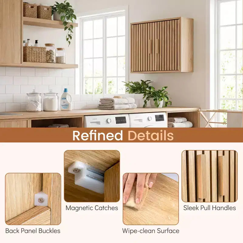 Natural Wall-Mounted Bathroom Cabinet with Slatted Doors & Adjustable Shelf, 1-Person