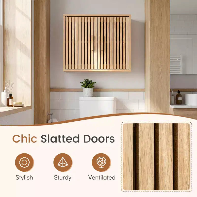 Natural Wall-Mounted Bathroom Cabinet with Slatted Doors & Adjustable Shelf, 1-Person