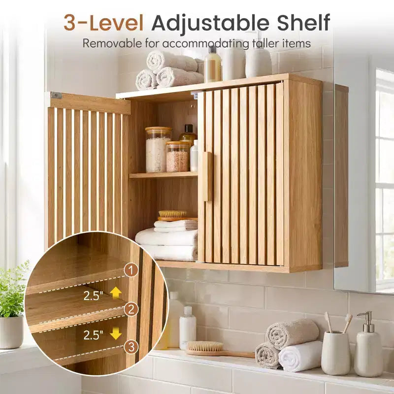Natural Wall-Mounted Bathroom Cabinet with Slatted Doors & Adjustable Shelf, 1-Person