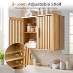 Natural Wall-Mounted Bathroom Cabinet with Slatted Doors & Adjustable Shelf, 1-Person