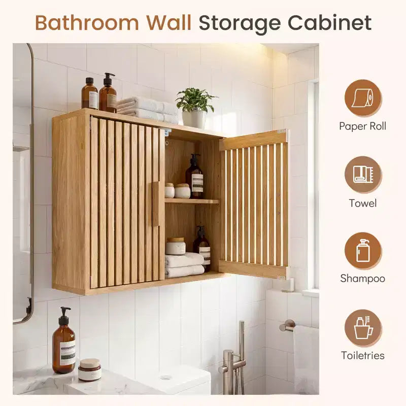Natural Wall-Mounted Bathroom Cabinet with Slatted Doors & Adjustable Shelf, 1-Person