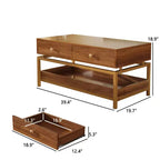 Brown Wood Coffee Table with 2 Drawers & Open Shelf, Seats 2, Farmhouse Style