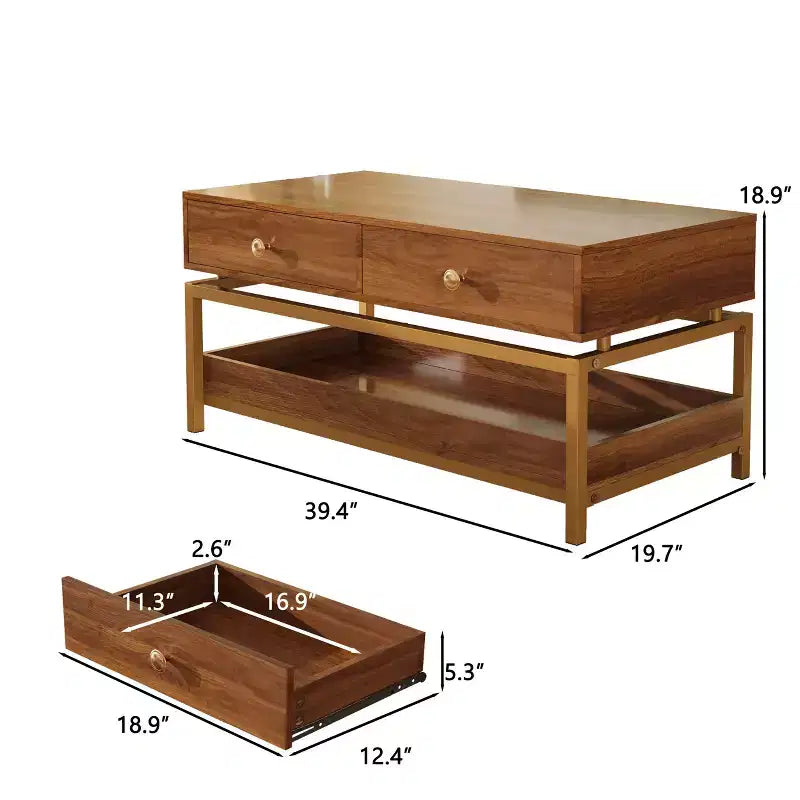 Brown Wood Coffee Table with 2 Drawers & Open Shelf, Seats 2, Farmhouse Style