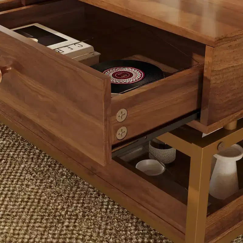 Brown Wood Coffee Table with 2 Drawers & Open Shelf, Seats 2, Farmhouse Style