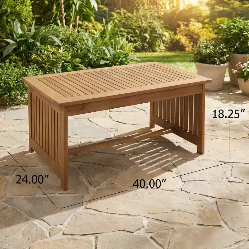 Brown Acacia Wood Outdoor Coffee Table with Shelf, Double Pedestal, 40"W