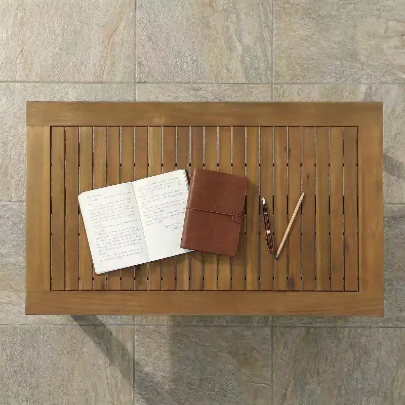 Brown Acacia Wood Outdoor Coffee Table with Shelf, Double Pedestal, 40"W