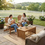 Brown Acacia Wood Outdoor Coffee Table with Shelf, Double Pedestal, 40"W