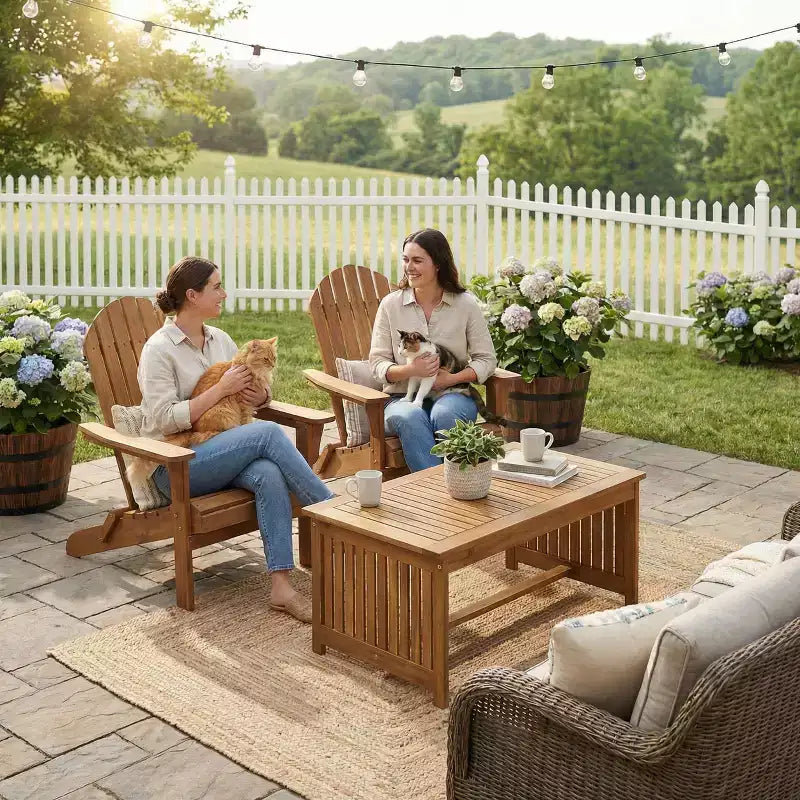 Brown Acacia Wood Outdoor Coffee Table with Shelf, Double Pedestal, 40"W