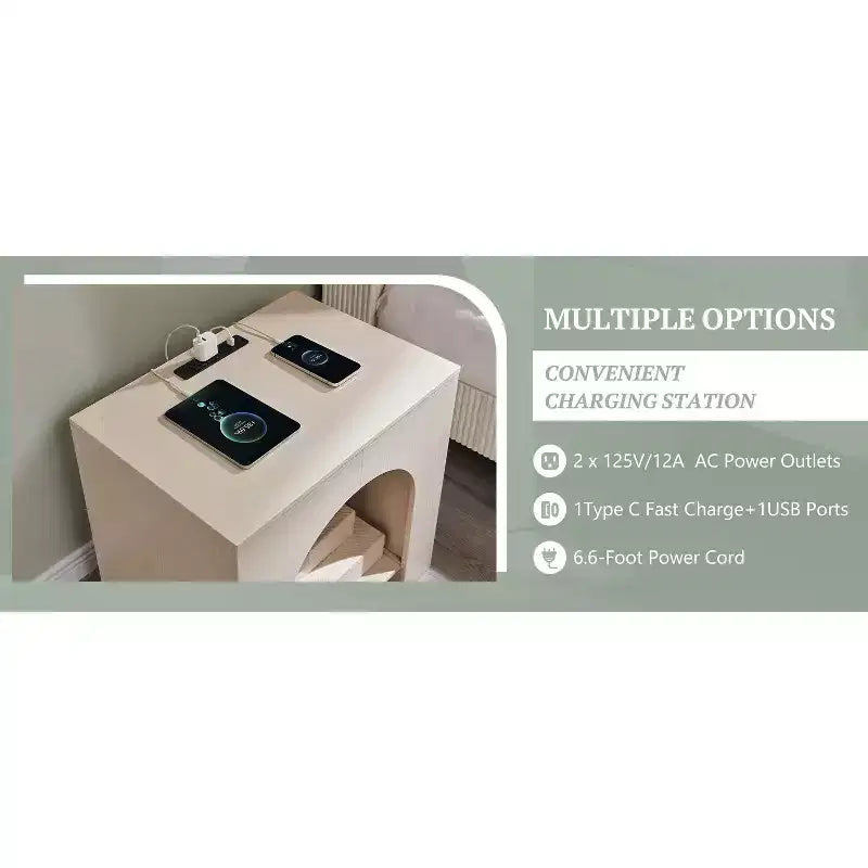 End Table Set of 2 – Brown/Cream White/Dark Gray/Natural, Modern Arched Style, with Charging Station