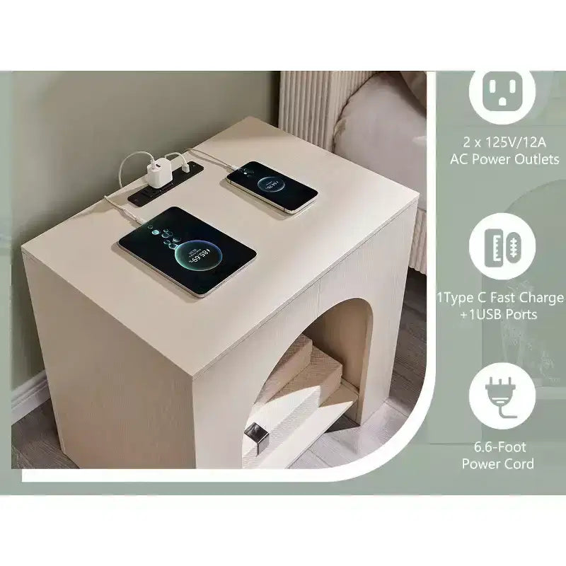 End Table Set of 2 – Brown/Cream White/Dark Gray/Natural, Modern Arched Style, with Charging Station