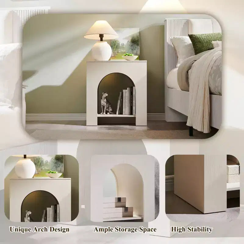 End Table Set of 2 – Brown/Cream White/Dark Gray/Natural, Modern Arched Style, with Charging Station