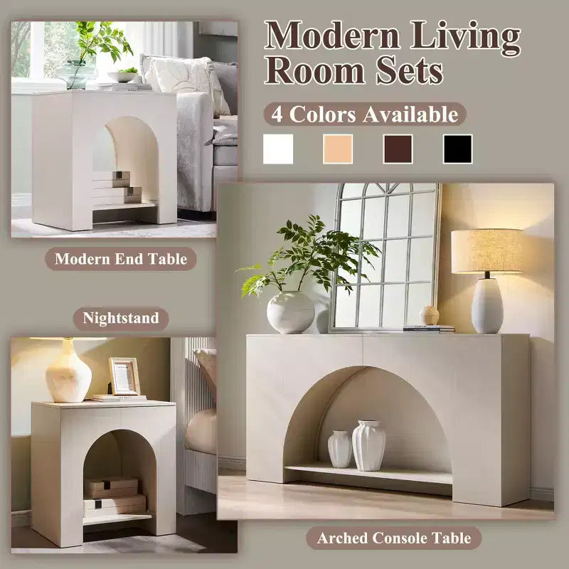 End Table Set of 2 – Brown/Cream White/Dark Gray/Natural, Modern Arched Style, with Charging Station