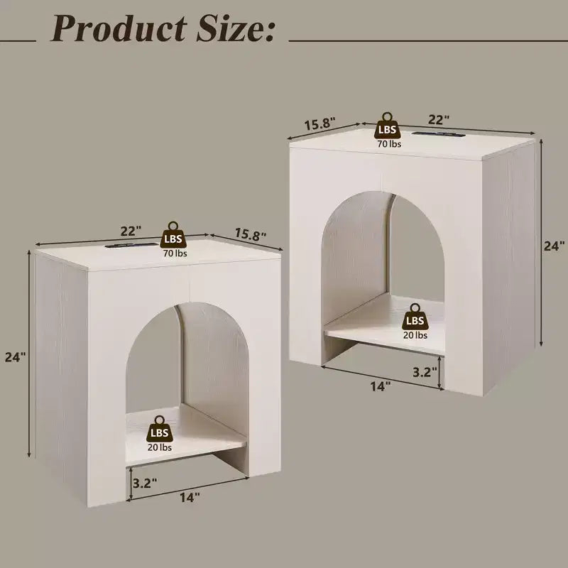 End Table Set of 2 – Brown/Cream White/Dark Gray/Natural, Modern Arched Style, with Charging Station