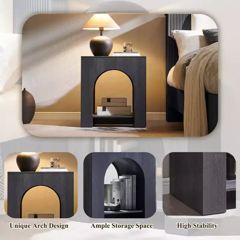 End Table Set of 2 – Brown/Cream White/Dark Gray/Natural, Modern Arched Style, with Charging Station