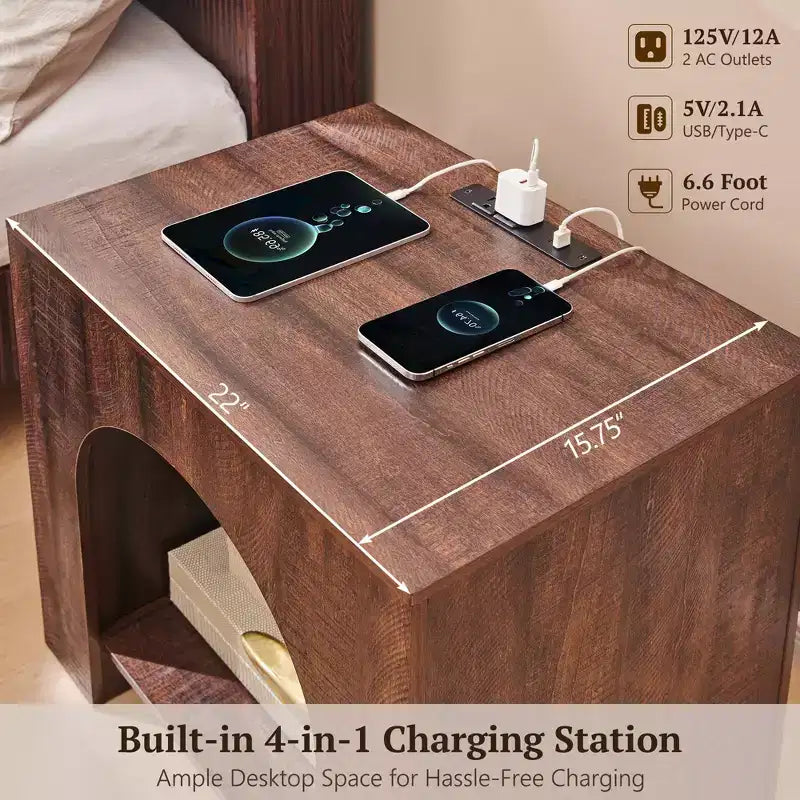 End Table Set of 2 – Brown/Cream White/Dark Gray/Natural, Modern Arched Style, with Charging Station