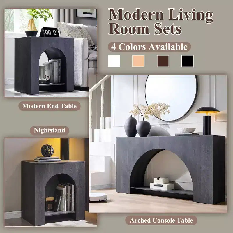 End Table Set of 2 – Brown/Cream White/Dark Gray/Natural, Modern Arched Style, with Charging Station