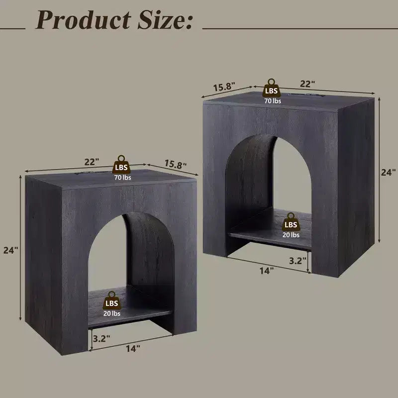 End Table Set of 2 – Brown/Cream White/Dark Gray/Natural, Modern Arched Style, with Charging Station