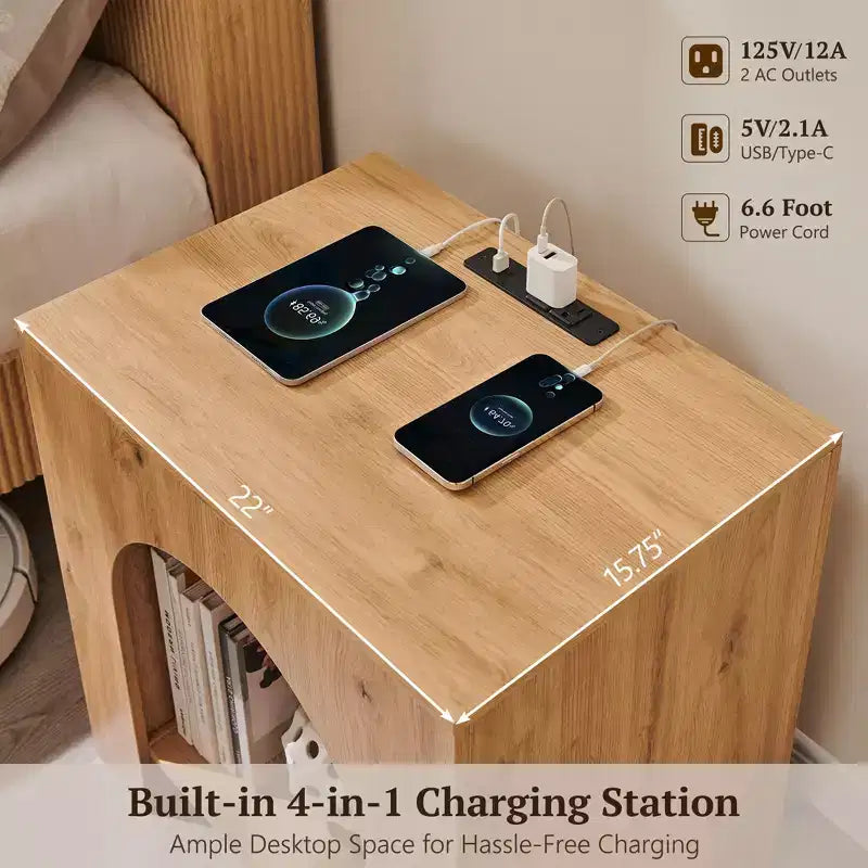 End Table Set of 2 – Brown/Cream White/Dark Gray/Natural, Modern Arched Style, with Charging Station