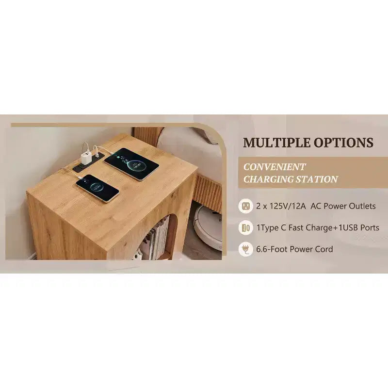 End Table Set of 2 – Brown/Cream White/Dark Gray/Natural, Modern Arched Style, with Charging Station