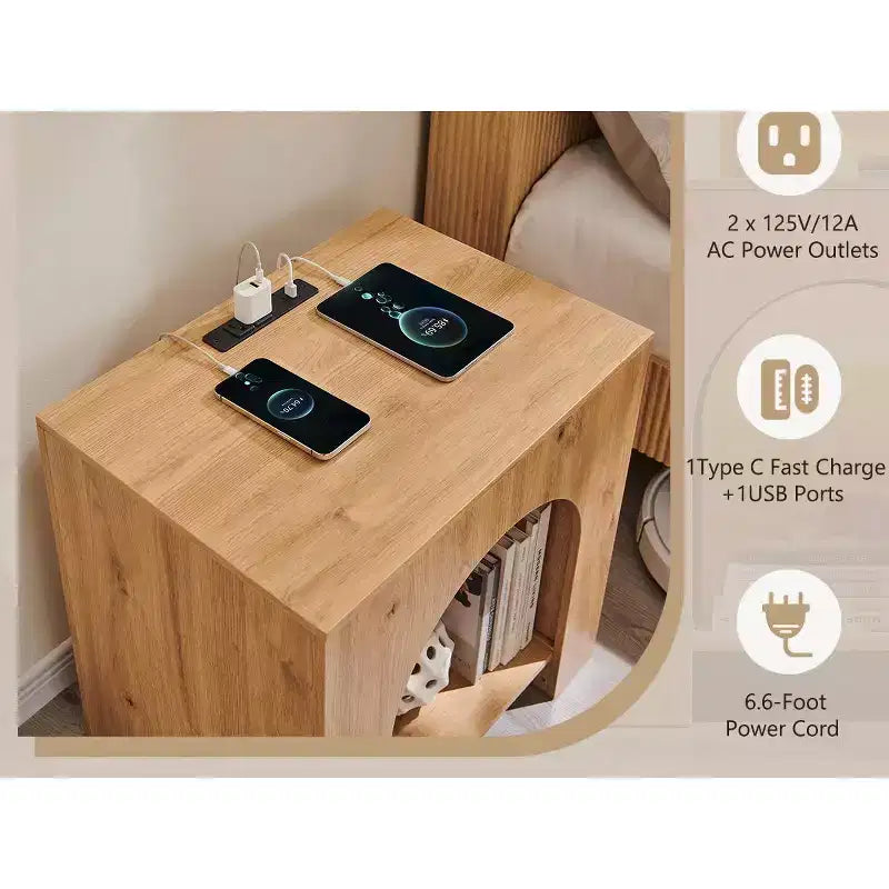 End Table Set of 2 – Brown/Cream White/Dark Gray/Natural, Modern Arched Style, with Charging Station