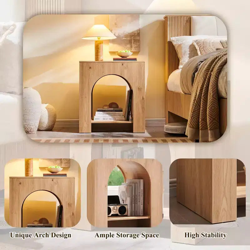 End Table Set of 2 – Brown/Cream White/Dark Gray/Natural, Modern Arched Style, with Charging Station