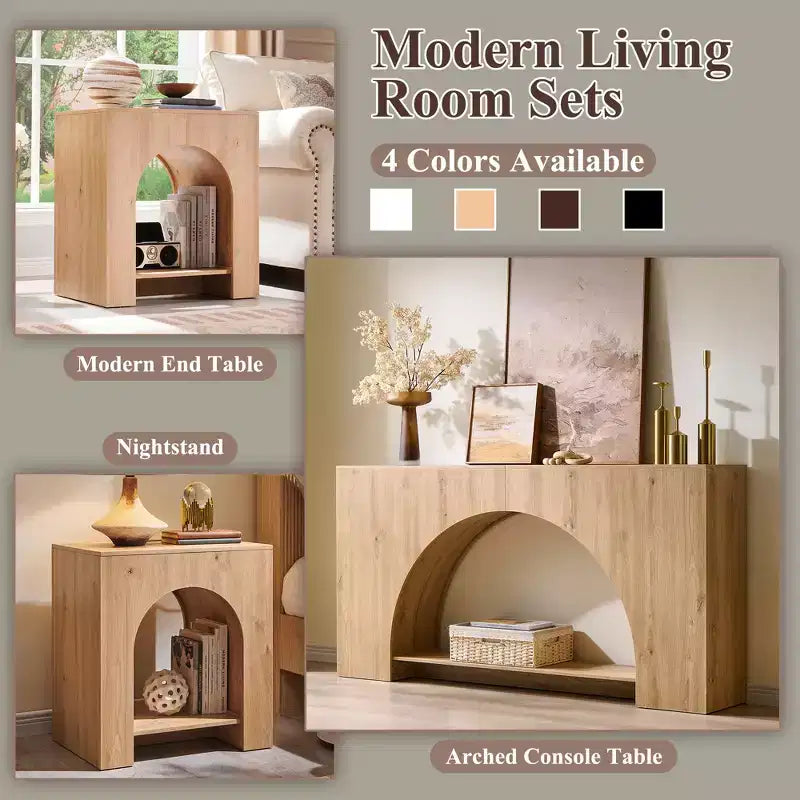 End Table Set of 2 – Brown/Cream White/Dark Gray/Natural, Modern Arched Style, with Charging Station