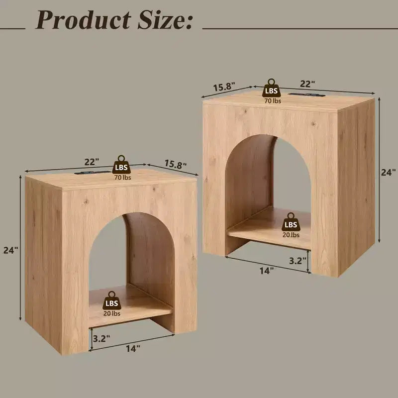 End Table Set of 2 – Brown/Cream White/Dark Gray/Natural, Modern Arched Style, with Charging Station