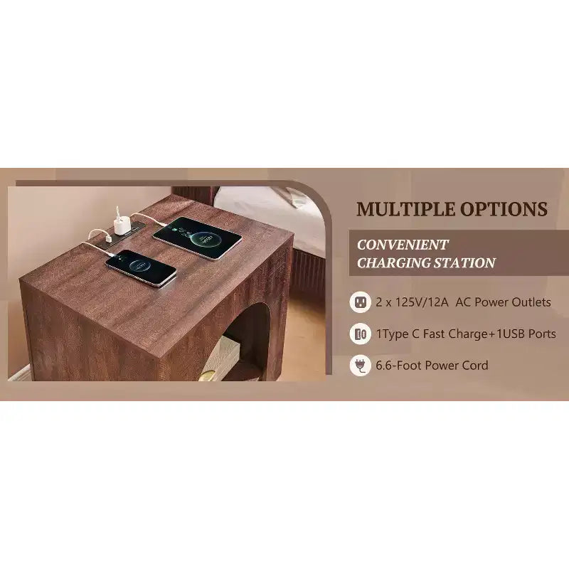 End Table Set of 2 – Brown/Cream White/Dark Gray/Natural, Modern Arched Style, with Charging Station