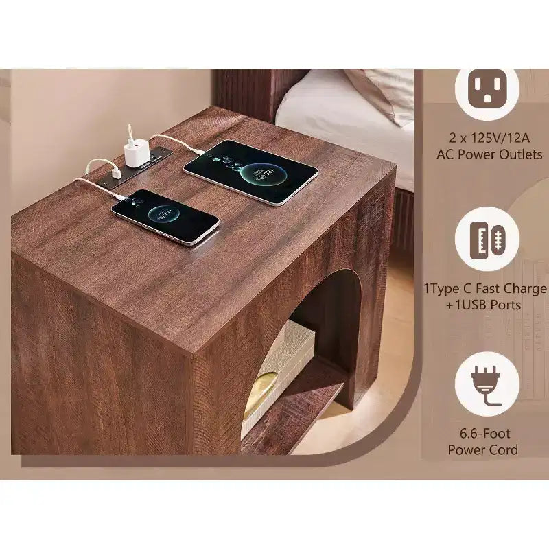 End Table Set of 2 – Brown/Cream White/Dark Gray/Natural, Modern Arched Style, with Charging Station