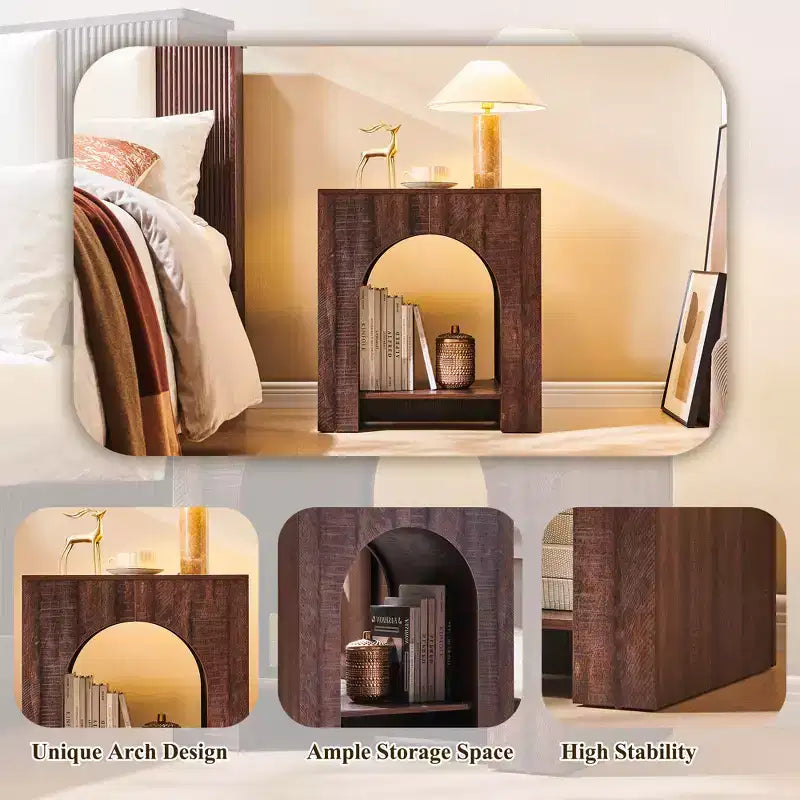 End Table Set of 2 – Brown/Cream White/Dark Gray/Natural, Modern Arched Style, with Charging Station